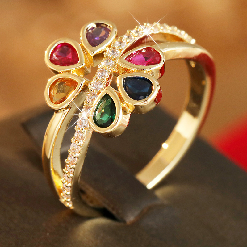 Boho Floral Cross Double Layer Ring with Synthetic Zirconia